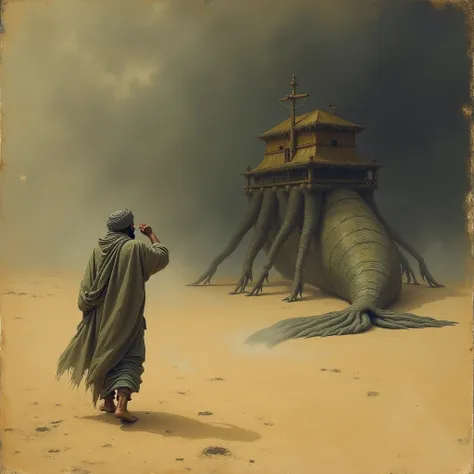  sandstorm , Very Dark, I cant see anything , a violent storm , sand. The mermaid in an old yellowed book with paint is unrealistic. (1 adult in a gray turban with a beard in poor Arabic clothes wrapped in legs and tulle behind his back)  walks through the...