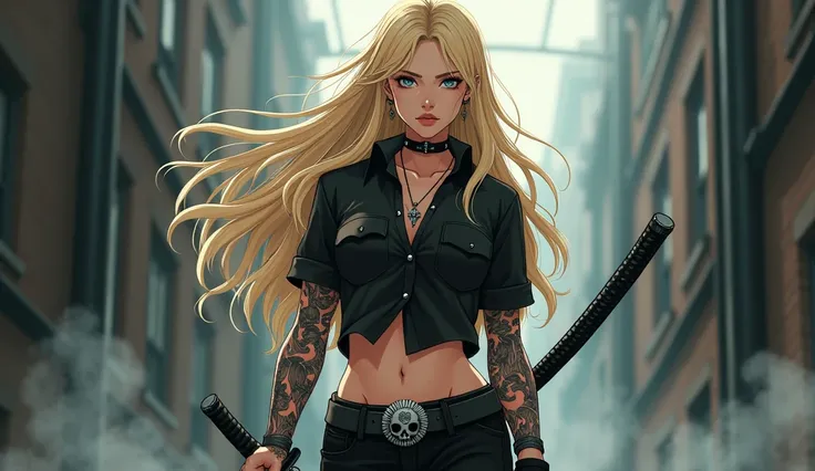 A fierce anime woman with long blonde hair, wearing a black, button-up shirt over black pants with a skull-emblazoned buckle, and holding a katana,  exudes a tough, stylish aesthetic, with detailed tattoos, a piercing stare, and a slightly smoky atmosphere...