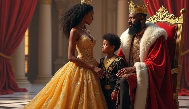 A majestic scene set in a grand throne room featuring a beautiful Black princess, a regal Black king, and a noble Black prince. The princess, dressed in an intricately embroidered golden gown, exudes grace and elegance as she stands near the king. Her natu...