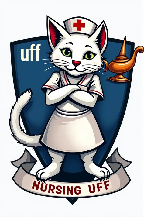 A logo for college athletics ,  as a coat of arms with a white cat dressed as a nurse,  with an adult face and the nursing symbol  (a lamp by Aladdin ),  with the text “nursing uff 2024 .1”