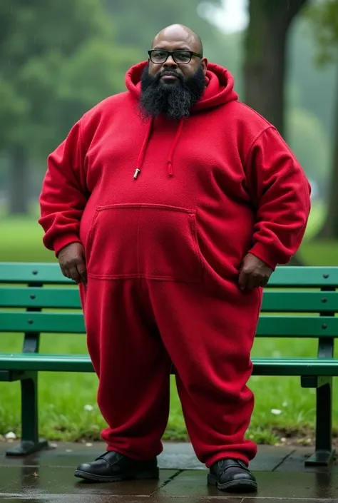 Highly realistic and detailed photograph of a black man, medium fat, 38 years old, average height 1.72, bald (shaved head), big head, big chin, big black beard, wearing square prescription glasses and black frames, dressed in costume red teletubbie standin...