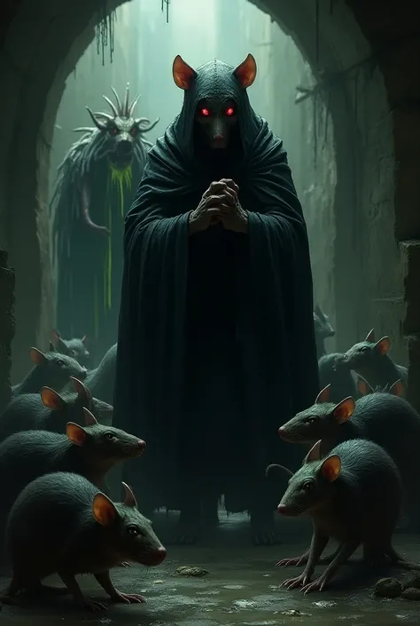 Draw the rat king, he should be in a cloak, in a mask, he has rat ears and a nose, red eyes, he is in the sewers. There are many overgrown rats around him he standing with draw black pig-lady with a spider body, it lives in the sewers, its balding and has ...