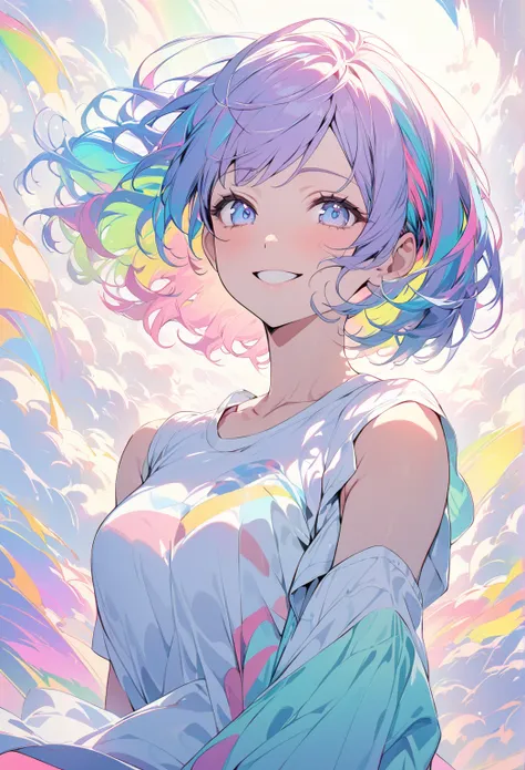 Bob-cut girl with rainbow hair,anime, Upshot,  beautiful eyes,  and smiles  , praise ,  wind blows, It&#39;s dynamic、 Vibrant Atmosphere , stare at me , masterpiece,  best quality,8k, Pastel Color , upper body
