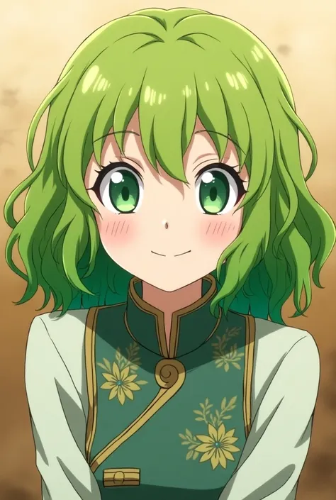  Screenshot of Kimetsu no Yaiba. wavy-haired girl, And blond with green highlights, with bangs.  It has dark green eyes and has a cheerful expression .  He wears the uniform of a hunter or pillar with details of plants. Its background is a medium blond .
