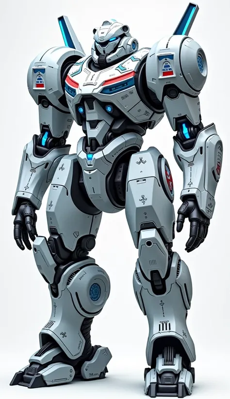 Russian Frostbear: A metallic white, blue, and red combat robot with a bear-like structure and frost-themed energy cannons. Features reinforced armor for defense.