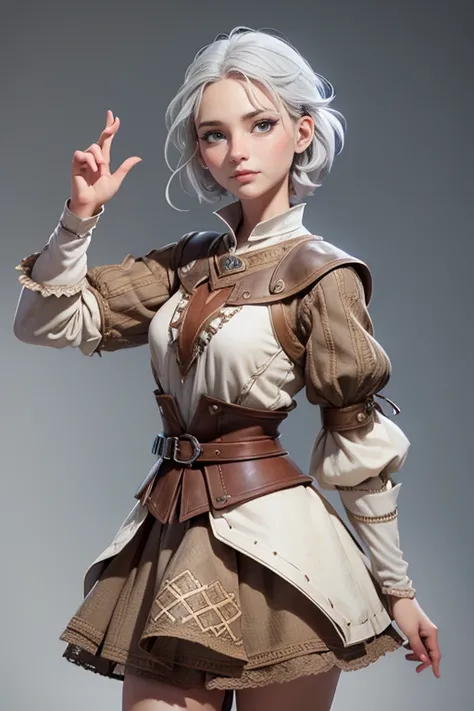 Young woman, campesina medieval "The Chronicles of Narnia",  gray and brown shreds,  blue eyes , short white hair, dynamic position,  raised hands sign,  safe expression, Iluminación natural,  plain white background , without patterns, No textures.