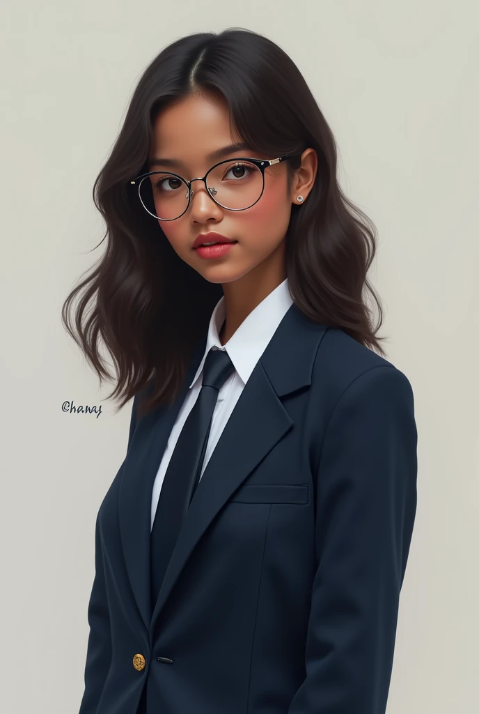 17-year-old girl with a dark complexion dark brown eyes ,with brown hair with medium wavy length with a uniform split in the middle ,half-full lips , a navy blue jacket closed underneath a white shirt and a navy blue tie and a navy blue skirt with lenses 