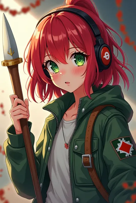 Draw a colash of a red-haired anime girl with green eyes wearing a necro-colored buso with headphones who is a teenager and who has an inkle in her hand drawing style similar to that of Slayer demos 