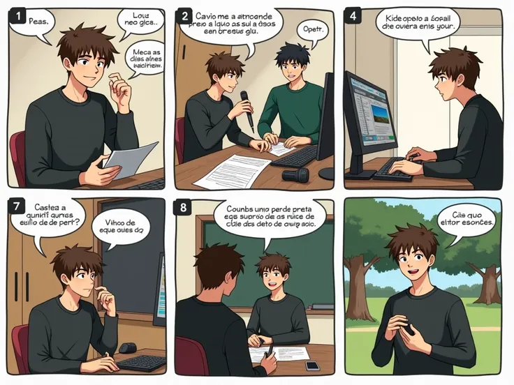 
 Here is the prompt in Spanish :

Prompt in anime style Genshin Impact :
 A 7-panel comic strip featuring a young man named Alex ,  with brown hair and handsome black sweatshirt and David with black hair and green sweater in the process of creating an inf...