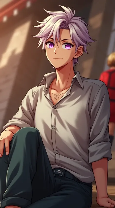 masculine male, masterpiece, ((perfect eyes)) best quality, (semirealism:1.9), beautiful lighting, (extremely detailed CG unity 4k fhd wallpaper), High Detail, Sharp focus, dramatic outdoors, 1 boy ,19 years old, white hair, light purpel eyes, smile.