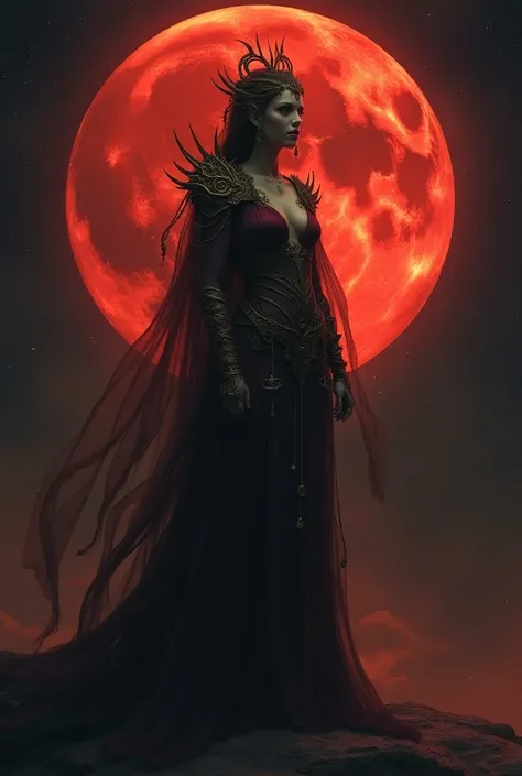 Goddess with a blood moon behind