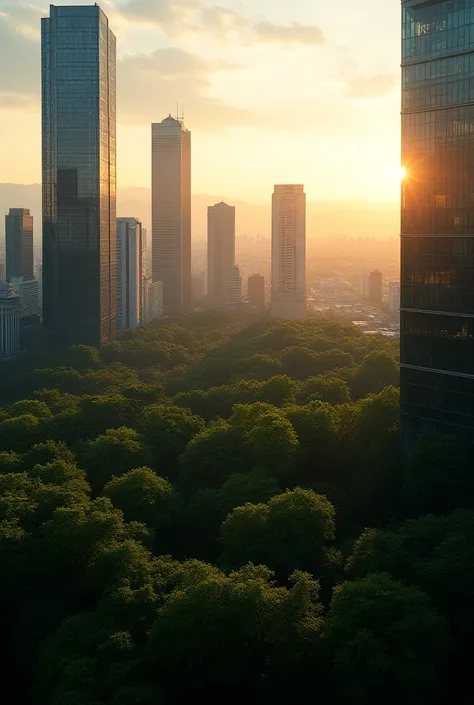 A city at dusk with trees in focus from an unmanned aerial vehicle 