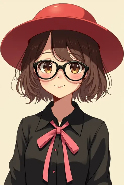 A girl with short brown hair wearing a red hat, a black shirt with a little pink ribbon in the middle of her shirt., black glasses 