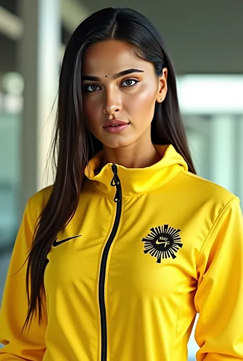 AnushkaShettyFlux, A dark-haired woman with a hard expression. She is wearing a yellow jumpsuit with a zip pull front. The jumpsuit has a logo depicting a black sun on it with the monogram of NIKE.