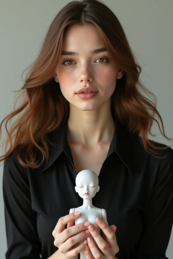 A petronage that has brown hair with a black blouse, a doll in the middle and that is very beautiful.