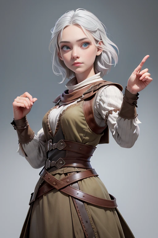 Young woman, campesina medieval "The Chronicles of Narnia",  gray and brown shreds,  blue eyes , short white hair, dynamic position,  raised hands sign,  safe expression, Iluminación natural,  plain white background , without patterns, No textures.