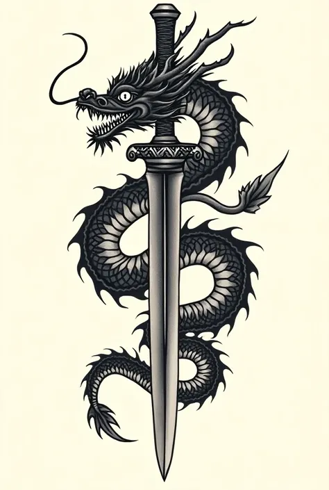 Create a stencil of a tattoo of a  japanese dragon and a butterfly knife suitable for a male calf tattoo in an oldschool tattoo style without coloured ink without a hint of new style tattoo