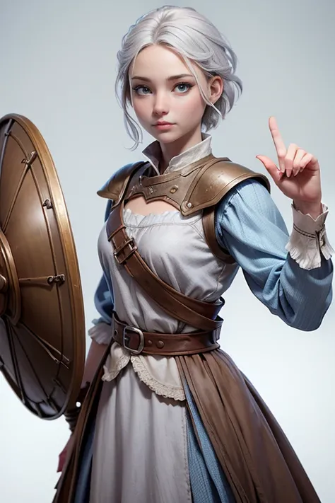 Young woman, campesina medieval "The Chronicles of Narnia",  gray and brown shreds,  blue eyes , short white hair, dynamic position,  raised hands sign,  safe expression, Iluminación natural,  plain white background , without patterns, No textures.