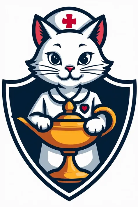 A logo for college athletics ,  as a coat of arms with a white cat dressed as a nurse, with the face of an adult and the nursing symbol  (a lamp by Aladdin ),  with the text “nursing uff 2024 .1”