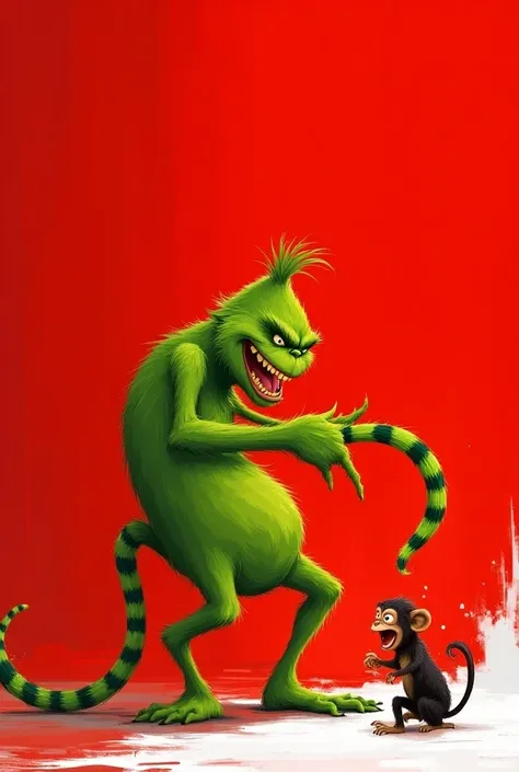 You have the Grinch character from Christmas throwing the tail at a monkey, WITH RED BACKGROUND