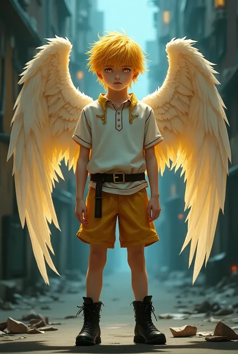 Make a  boy, Scottish ,
  golden eyes, Golden hair divided into layers ,  his shirt is white and gold ,  he wears white and gold shorts and black boots with a pair of wings.
 Do it in the cyberpunk and supernatural anime style. (do it full body)