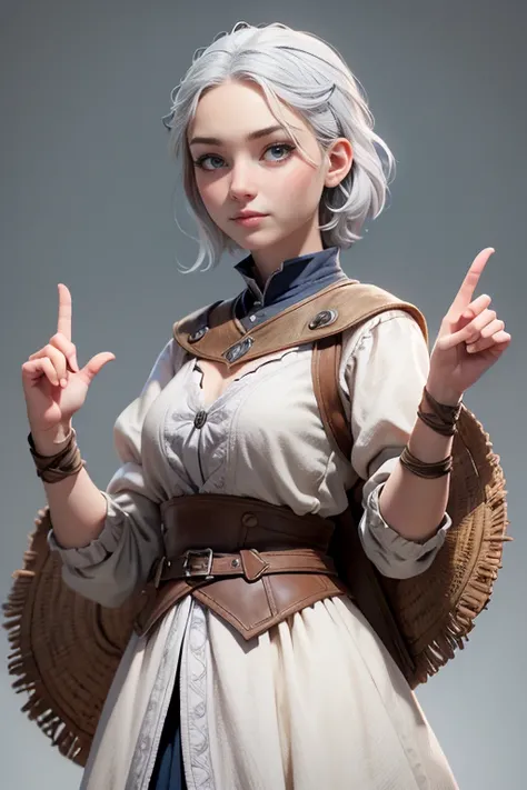 Young woman, campesina medieval "The Chronicles of Narnia",  gray and brown shreds,  blue eyes , short white hair, dynamic position,  raised hands sign,  safe expression, Iluminación natural,  plain white background , without patterns, No textures.