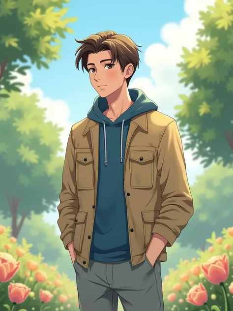 Character (Young man, White skin, Side Part Brown Hair, Grey Jeans Pants, Bege Jacket, Blue hood), Art Style (Cottagecore art style, Shoujo Anime art, pastel colors)