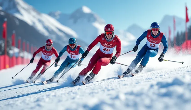 hyperrealistic full-color image. Olympic athletes ski competition at the Olympic Games