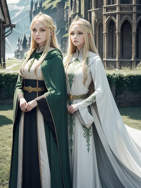 21 and  ,  two noble and beautiful princess sisters，Narcissa，  long blond hair and waist  ,  big glowing green eyes ,  white skin，Long eyelashes,  long green cloak ,  Hogwarts background ,  casting posture 