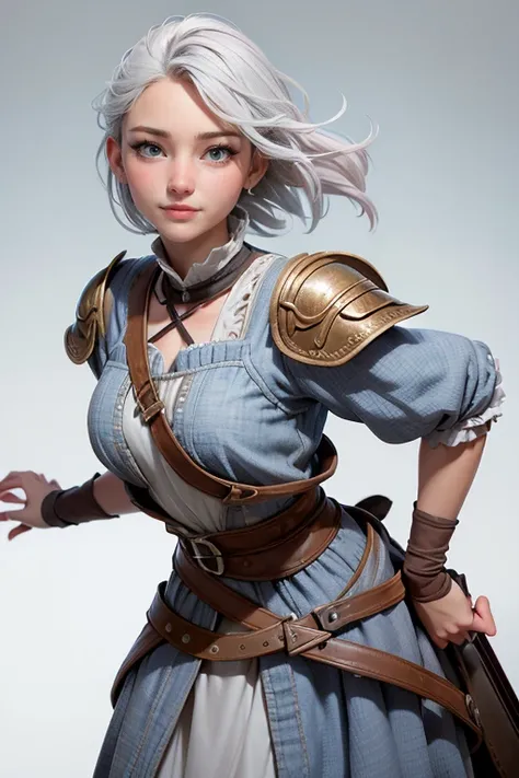 Young woman, campesina medieval "The Chronicles of Narnia",  gray and brown shreds,  blue eyes , short white hair, dynamic position, Expression happiness, Iluminación natural,  plain white background , without patterns, No textures.