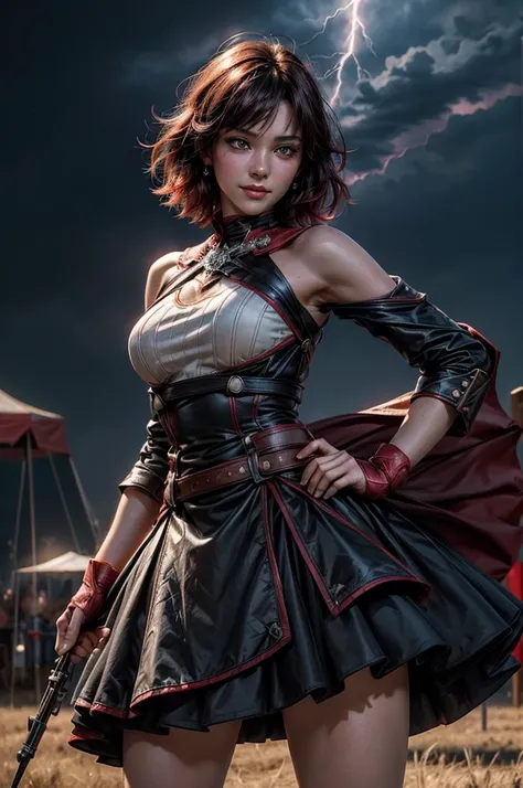 srwby, short hair, black hair, red hair, t-shirt, skirt, gradient hair, grey eyes, smile, standing outside, (cowboy shot), dynamic pose, standing in a field, in a traveling circus, big top, crowd (night, stars, lightning), intricate details, tonemapping, s...