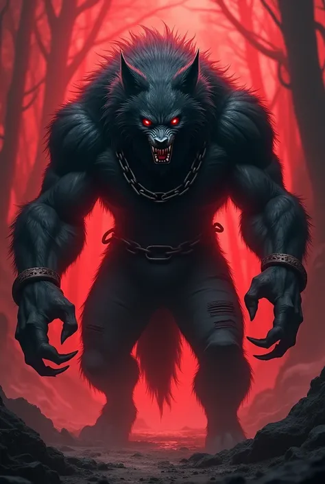 Lobisomem Crinos, pelagem negra, correntes no pescoço,Eyes red,Sharp claws, muscle , red and black scenery,Ripped black pants,