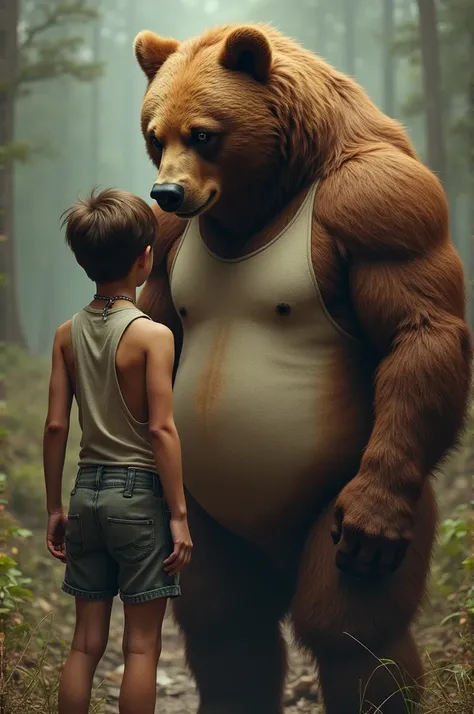 Faça um urso anthropomorfo,gordo, sweaty, wearing a tank top, with a skinny 19 , white boy wearing a collar as if he were a pet dog, being submissive to the bear , Having sex