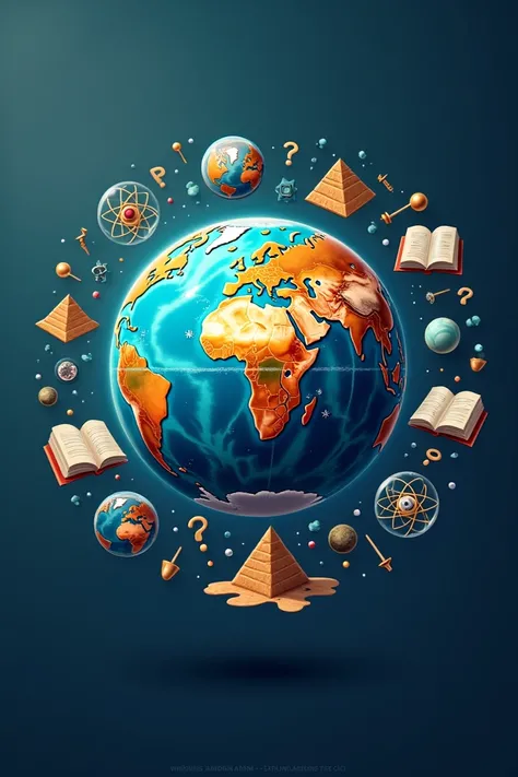 terrestrial globe + Elements of Curiosity **:  Use the image of a terrestrial globe as a base , symbolizing the "world". around,  including icons that refer to curiosities , like a magnifying glass,  questioning symbols  (question),  books or even elements...