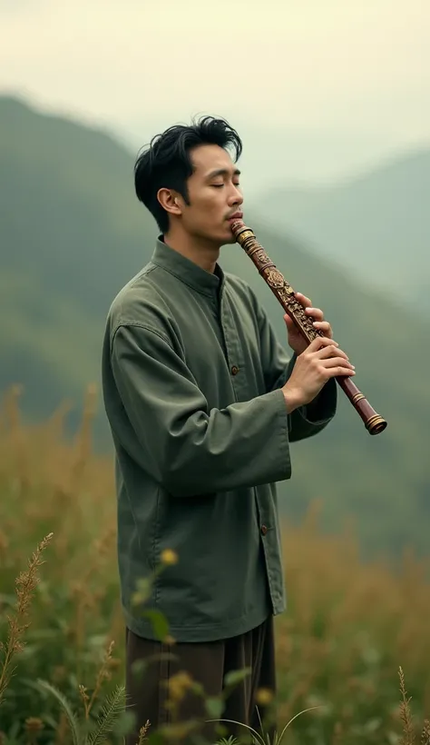 A man who closed his eyes plays an antique flute in the blurry field. 