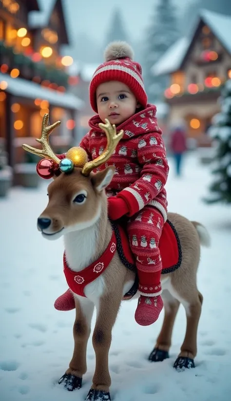 "A baby dressed in a red-and-white Christmas tunic with snowman patterns sits on a small, elegant reindeer with golden antlers adorned with shiny ornaments and a red velvet saddle, facing directly toward the viewer. The reindeer’s glowing nose softly illum...