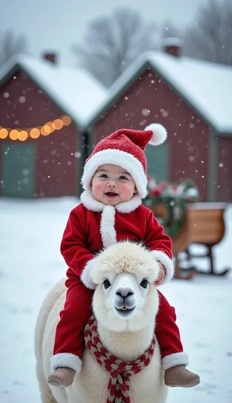 "A baby in a soft, fluffy Santa Claus costume with a red jacket, white fur trim, and a tiny matching hat sits on a cute, fluffy alpaca, facing the camera. The alpaca’s fur is snow-white, and it wears a multicolored yarn scarf. The baby’s cheeks are rosy, a...