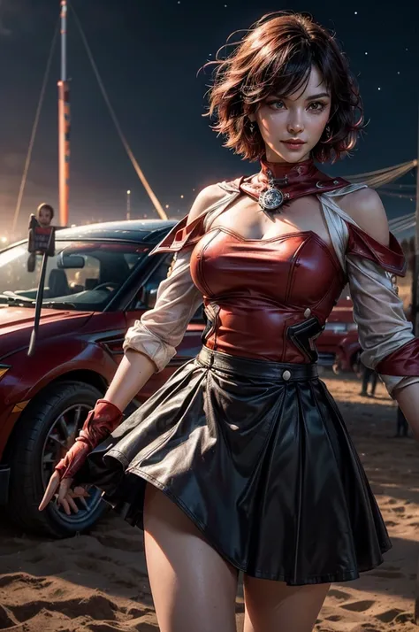 srwby, short hair, black hair, red hair, t-shirt, skirt, gradient hair, grey eyes, smile, standing outside, (cowboy shot), dynamic pose, standing in a field, in a traveling circus, big top, crowd (night, stars, lightning), intricate details, tonemapping, s...