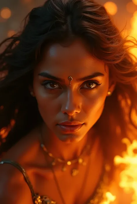 a beautiful woman in fire, draupadi, goddess of fire, portrait, dramatic lighting, intense expression, flowing hair, rich colors, dramatic, cinematic, photorealistic, (best quality,4k,8k,highres,masterpiece:1.2),ultra-detailed,(realistic,photorealistic,pho...