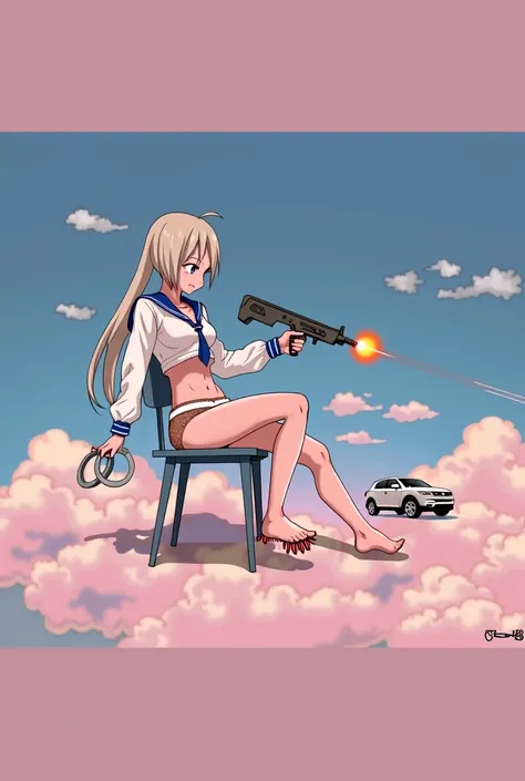  beautiful Japanese girl in sailor suit shooting laser gun、Its shooting a laser beam、 Hanging Naked 、small breast A cup therapist、handcuffs、Lewd Behavior , surrealism,car,BDSM,fashion,clouds,lolita girl 2020s illustration,Bra、 panties 、The sleeves are long...