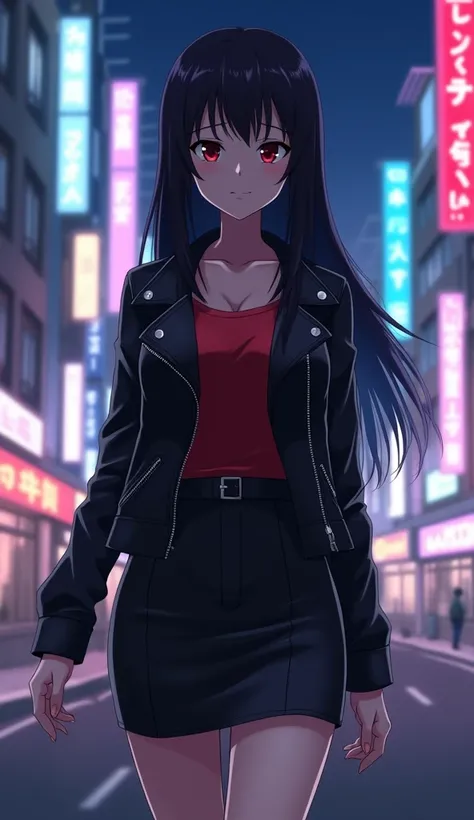 An anime-style shot of a young woman with long black hair and red eyes, wearing a black leather biker jacket, red shirt, and black leather pencil miniskirt. The image is drawn in a Japanese art style, with high contrast and thick outlines, made to resemble...