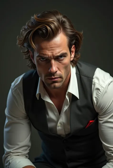 A 40-year-old mobster , With an athletic body and an angry look mixed with sadness and frustration ,  he is wearing mobster dress without his suit ,  white shirt with a mobster vest ,  he has hair that goes up to his shoulder, wavy brown hair and has very ...