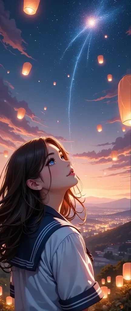 a girl looking up at floating lanterns in the sky, fantasy art, (best quality,4k,8k,highres,masterpiece:1.2),ultra-detailed,(realistic,photorealistic,photo-realistic:1.37),1girl,beautiful detailed eyes,beautiful detailed lips,extremely detailed eyes and fa...