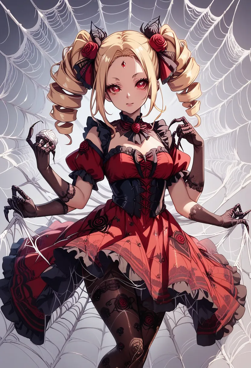 spider girl. lady. twin drill hair. blonde hair. red eyes. horror eyes. black and red dress. frills. dark fantasy. multiple arms...