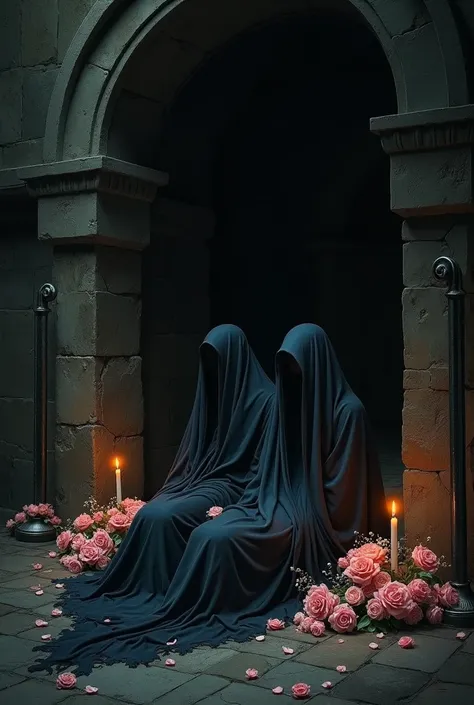 "A dark and mysterious crypt , Candlelit.  Two figures lie at rest surrounded by flowers,  creating an atmosphere of suspense and intrigue ."
