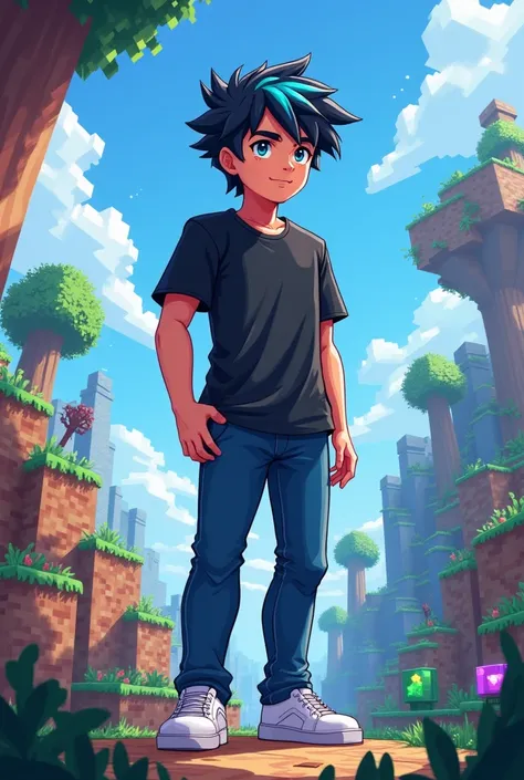 make gems Minecraft fanart. a young man with black and blue hair wearing a black shirt and a little blue wearing black pants and white shoes 