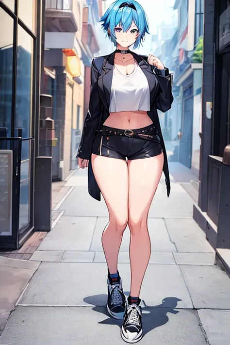 1girl, blue hair, very short hair, eula (genshin impact), black jacket, jacket, shirt, white shirt, black headband, headband, large breasts, breasts, thick thighs, wide hips, mature female, shorts, short pants, black pants, urban, smile, simple clothes, ha...