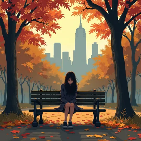 A sad girl sitting in New Yorks Central Park in autumn