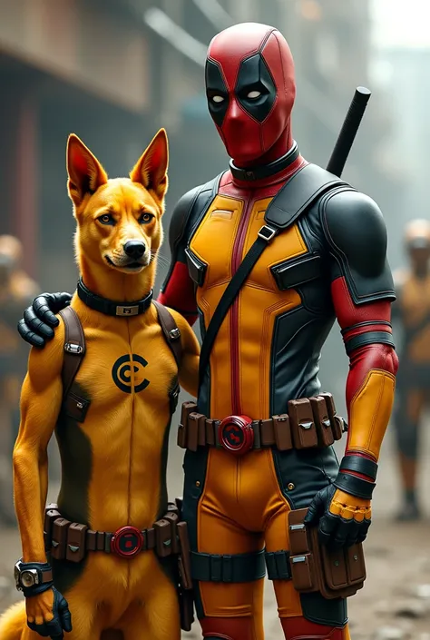 Deadpool and Dogpool from the movie ,  in yellow uniform with a C emblem on the chest
