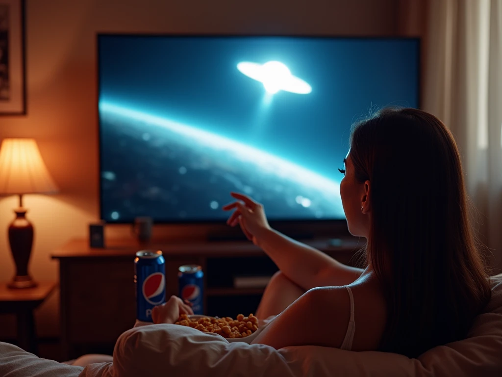  porn movie ,  8k Ultra HD , extreme sharpness , extreme realism.  A young woman is watching TV from her house,  in a cozy TV room ,  sitting on a couch and eating snacks ,  with a can of Pepsi next to .  She is watching a YouTube channel called  "Space Pa...